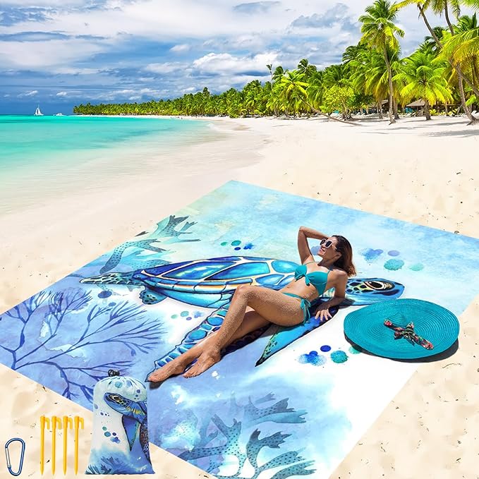 WIWIGO Beach Blanket Waterproof Sandproof Beach Mat 79" X 83"/10'x9'for 2-8 Adults Quick Drying Outdoor Picnic Mat Beach Accessories for Travel, Camping, Hiking by WIWIGO