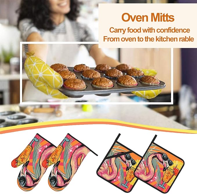 Cool Flamingo Oven Mitts and Heat Resistant Pads - Heat Resistant Gloves Potholder Set of 4 for Cooking, BBQ, Gifts for Women