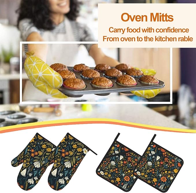 Vintage Flowers Oven Mitts and Heat Resistant Pads - Heat Resistant Gloves Potholder Set of 4 for Cooking, BBQ, Gifts for Women