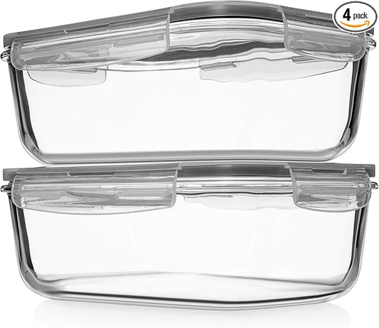 8 Cups/ 63 Oz 4 Piece (2 containers + 2 Lids) Large Glass Food Storage/ Baking Containers with Locking Lids . Ideal for Storing food, vegetables or fruits. BPA Free & Leak Proof -Microwave, Oven Safe by RazabHomeGoods