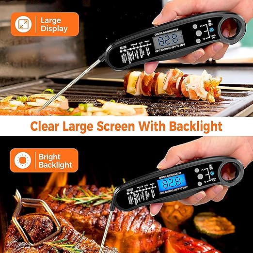 New 2-in-1 Instant Read Meat Thermometer for Cooking, Fast & Precise Digital Food Thermometer with Backlight, Magnet, Waterproof and Dual Foldable Probe for Kitchen Oven, Deep Fry, BBQ, Grill (Black)