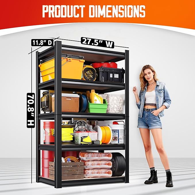 5-Tier Heavy Duty Metal Shelving Units, 71" H x 28" W x 12" D, Adjustable Steel Storage Racks for Garage, Warehouse, Industrial, and Home Organization, 1900 lbs Capacity, 4-Pack