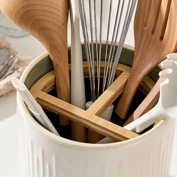 JIEMEI HOME Kitchen Utensil Holder, 7.2" Large Ceramic Stable Utensil Crock for Countertop, Utensil Organizer with Cork Mat, Removable Bamboo Divider for Easy, Kitchen Decor, White & Green - Image 8