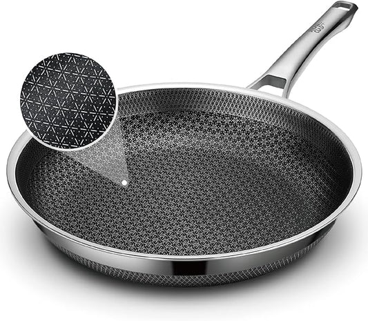 SNOWCLAD 12 Inch Hybrid Nonstick Frying Pan, Stainless Steel Skillet, Dishwasher Safe, Induction & Oven Broiler Safe, PFOA-Free Non-Toxic Cookware