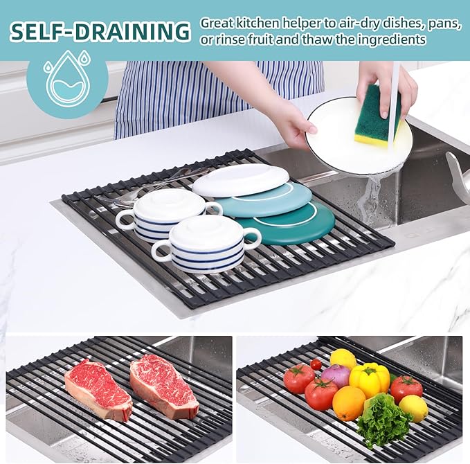 Ohuhu Roll Up Dish Racks, 16.5" L x 13" W Over The Sink Dish Drainer Drying Rack Kitchen Sink Organizer Silicone Wrapped Large in Sink Dish Drying Rack Foldable Rolling Drain Mats Anti-Slip - Image 3