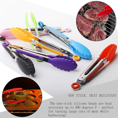 7 Pack Kitchen Tongs Set 7-Inch Color Mini Small Food Tongs with Stainless Steel Silicon Handles and Nylon Tips Heat Resistant Tongs for Cooking, Serving, BBQ, Grilling, Salad and More - Image 2