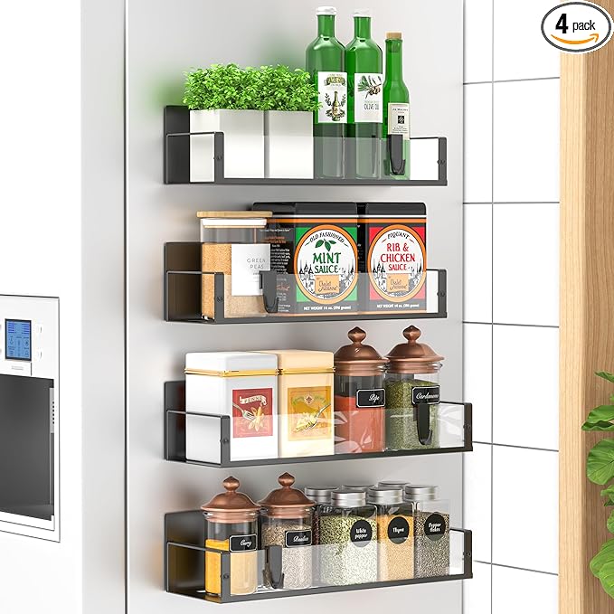HuggieGems 4 Pack Magnetic Spice Storage Rack Organizer for Refrigerator and Oven, Clear Fridge Organizers and Storage by HuggieGems
