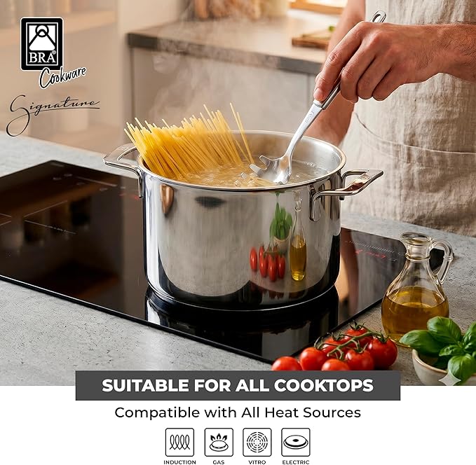 BRA COOKWARE Signature Stainless Steel Stock Pot w/Glass Lid | 9.5 Inch 9 Quart Professional Grade Cooking Pot | PFOA Free Deep Pot | All Cooktops | All Cooktops (incl. Induction) & Oven Safe