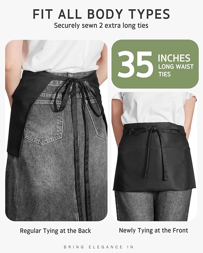 Syntus Server Apron for Men Women, Waitress Waist Apron, Black 1/3/12 Packs - Image 5