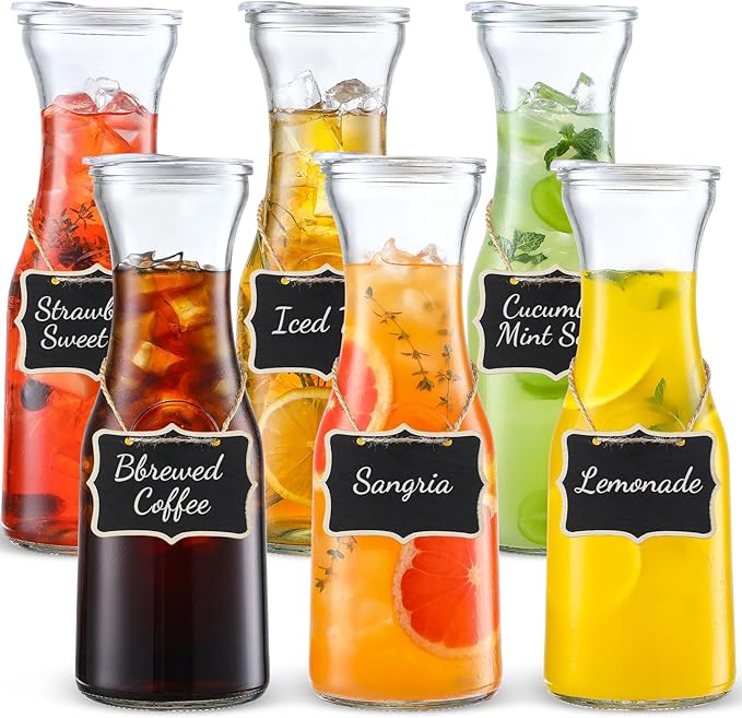 Set of 6 Glass Carafe with Lid, 1 Liter Beverage Serveware Carafe, Clear Glass Pitcher for Mimosa Bar, Brunch, Cold Water, Juice, Milk, Iced Tea, Lemonade by NETANY