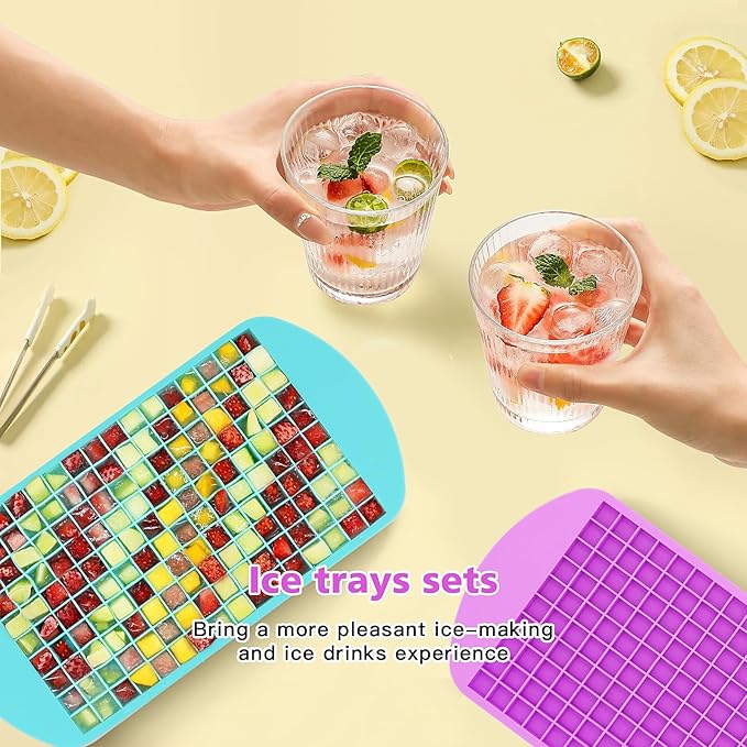 Mini Ice Cube Trays Set of 2-160 Small Ice Cubes Silicone Mold for Whiskey, Cocktails, Water Bottles - BPA Free Flexible & Stackable Ice Maker (Cyan&Purple) - Image 3