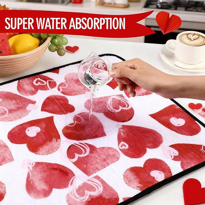 Breling Valentine's Day Dish Drying Mat Valentine Kitchen Dry Mat Absorbent Hearts Table Dishes Pad Red Pink Protect Tableware Kitchen Accessories for Home Decor, 16 x 18.4 Inches