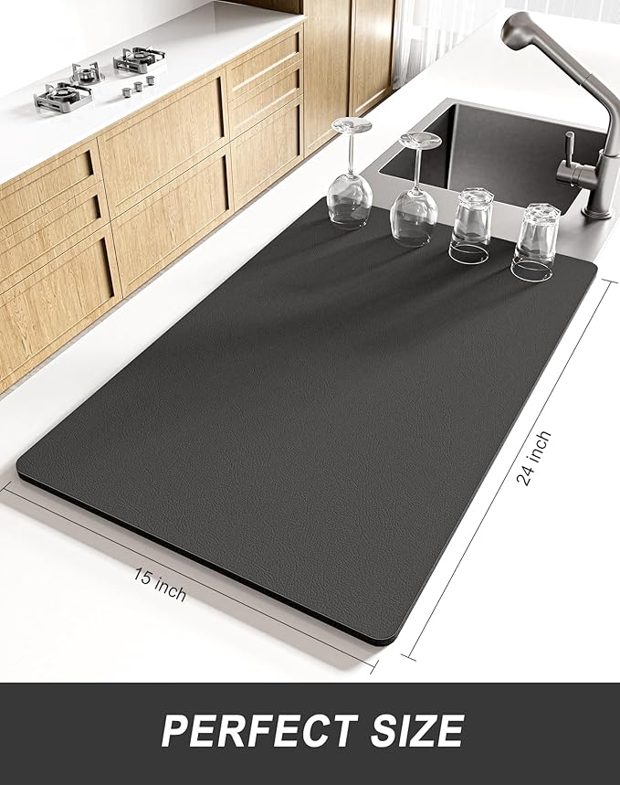 Rnivvi Dish Drying Mat for Kitchen Counter, XL 15 x 24" Super Absorbent Drainer Pad Easy Clean Dish Rack Pad, Non-Slip Heat Resistant Coffee Bar Mats for Coffee Machine Station Accessories Decor, Gray - Image 2
