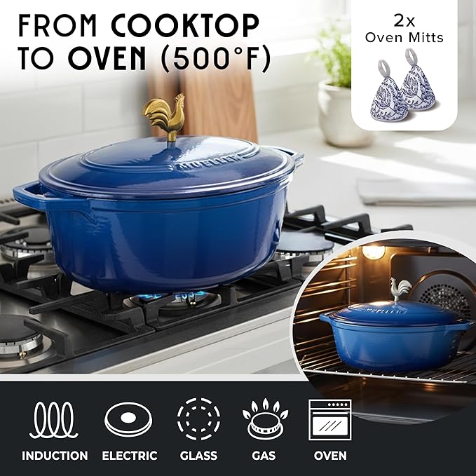 MUELLER HOME 5.5 Quart Enameled Cast Iron Oval Dutch Oven w Rooster Knob & Cotton Potholders, Heavy-Duty Cookware, Oven-Safe up to 500° F & Across All Cooktops, Gifts for Grandma & Women, Aqua Blue - Image 4