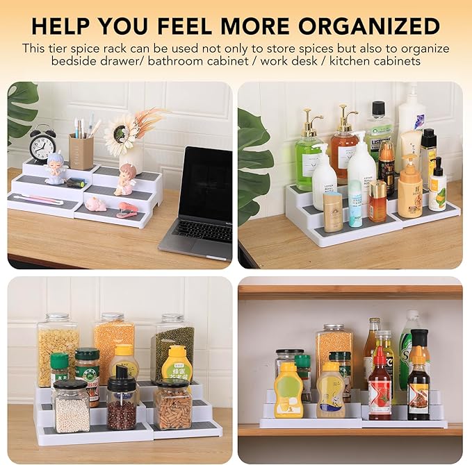 CiWiVOKi 3-Tier Expandable Spice Rack, Plastic Spice Rack Organizer for Cabinet, Adjustable Length, Non-Skid Spice Shelf Organizer for Kitchen Cabinet, Countertop or Pantry, 2 Pack, White/Grey - Image 7