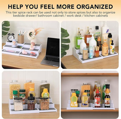 CiWiVOKi 3-Tier Expandable Spice Rack, Plastic Spice Rack Organizer for Cabinet, Adjustable Length, Non-Skid Spice Shelf Organizer for Kitchen Cabinet, Countertop or Pantry, 2 Pack, White/Grey - Image 7