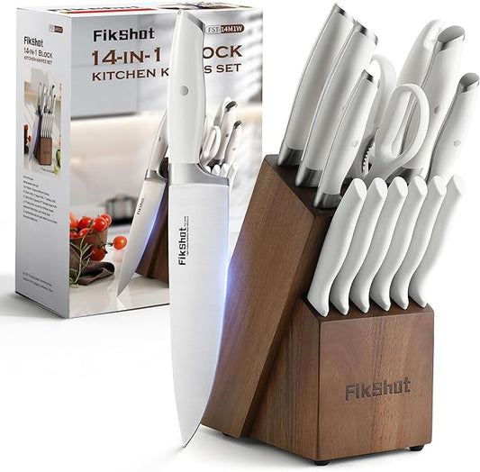 Fikshot 14-Piece Knife Set – German High Carbon Stainless Steel, Professional Chef Knives with Block & Sharpener, Elegant White, Dishwasher-Safe, Modern Kitchens, Rental Homes, Gift for Chefs