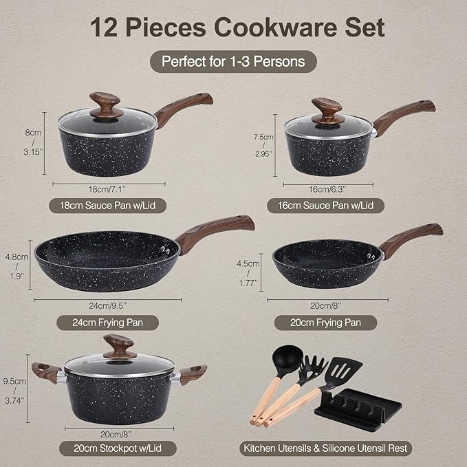 M MELENTA Pots and Pans Set Non Stick, 12pcs Black Ceramic Cookware Set, Non-toxic Induction Cookware Kitchen Cooking Set, PFAS and PFOA Free