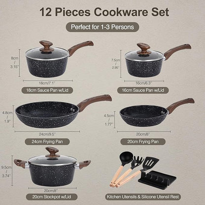 M MELENTA Pots and Pans Set Non Stick, 12pcs Black Ceramic Cookware Set, Non-toxic Induction Cookware Kitchen Cooking Set, PFAS and PFOA Free