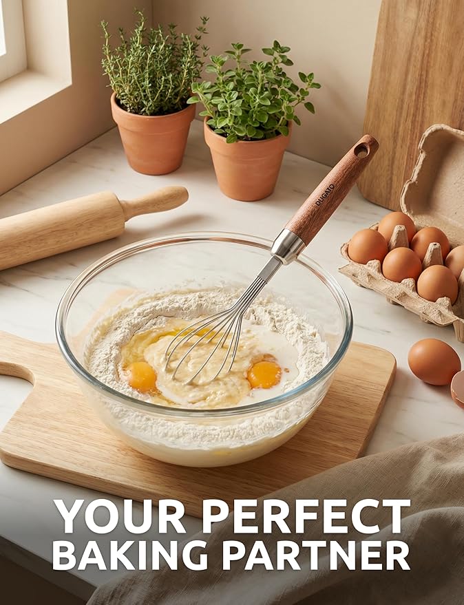 Egg Whisk, 10" Long Wire Whisk Stainless Steel, Small Balloon Whisking Tool with Wooden Handle, Perfectly Sized for 1-Cup Measuring Cups, Scrambling Eggs & Small Sauces