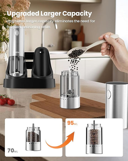 Electric Salt and Pepper Grinder Set with Rechargeable Base - Automatic Refillable Electric Salt and Pepper Shakers with Large Capacity, LED Light & Adjustable Coarseness, Stainless Steel - Image 4