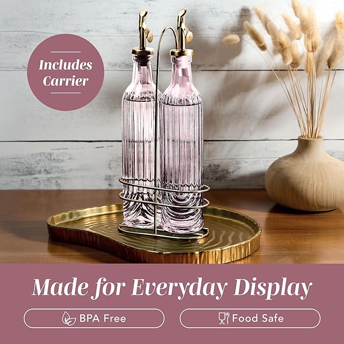 COOK WITH COLOR Glass Olive Oil Bottle Dispenser - 2 Pack- 17oz Oil and Vinegar Cruet - Olive Oil Carafe Decanter for Kitchen, Elegant Fluted, Pink - Image 6
