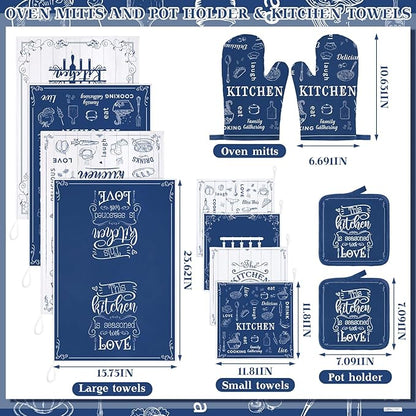 12 Pcs Farmhouse Kitchen Oven Mitts and Pot Holders Decor Sets 4 Blue Kitchen Hand Towels 4 Absorbent Dishcloths 2 Pot Holders 2 Oven Mitts Glove for Home Decorations Mom Baking Cooking Grilling Gift