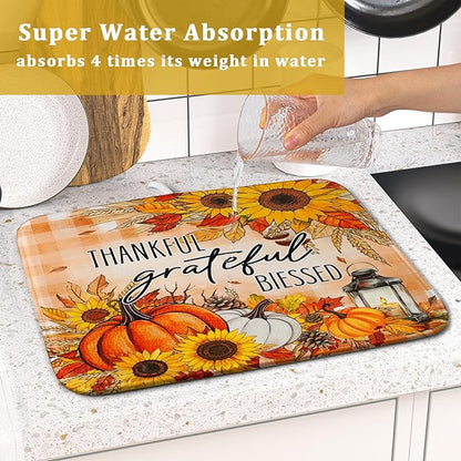 Giwawa Autumn Pumpkins Dish Drying Mat for Kitchen Countertop, Fall Sunflowers Thankful Grateful Blessed Dish Drainer Mats 16x18in, Thanksgiving Harvest Decorative Reversible Dish Drying Pad