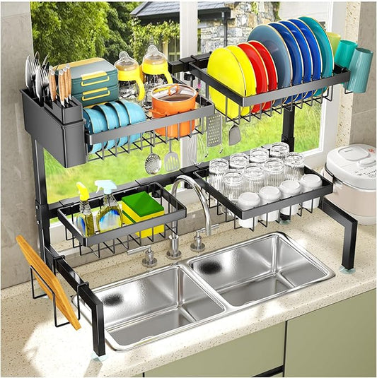 YKLSLH 4 Baskets Over The Sink Dish Drying Rack, Extendable Large Capacity Sink Rack, Metal Drying Rack Saving Space,for Most Sinks (26.57"-35") by YKLSLH