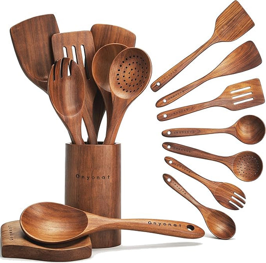 Wooden Spoons for Cooking,9 Pcs Teak Kitchen Utensil Set Wooden Cooking Utensils Wooden Spatula for Cooking by Gnyonat