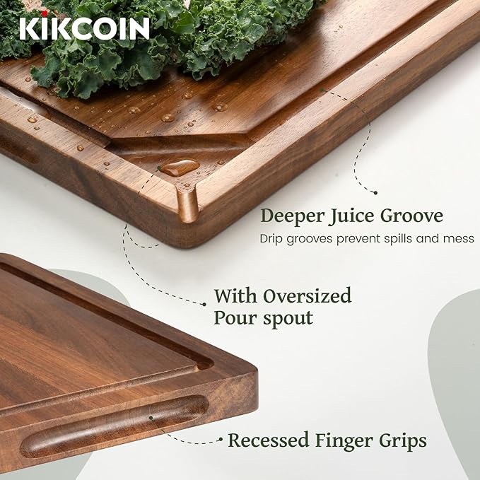 Kikcoin Acacia Wood Cutting Boards for Kitchen, 3 PCS Wooden Cutting Board Set with Holder, Chopping Board with Compartments and Juice Groove, Solid Charcuterie Boards Serving Tray Wood Butcher Block - Image 3