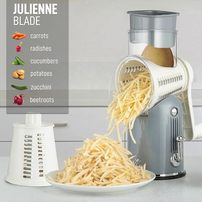 Zulay Kitchen Rotary Cheese Grater 5 Blade Cheese Shredder - Manual Hand Crank Cheese Grater With Reinforced Suction & 5 Interchangeable Drums - Easy to Use, Vegetable Chopper Round Mandoline Slicer - Image 7
