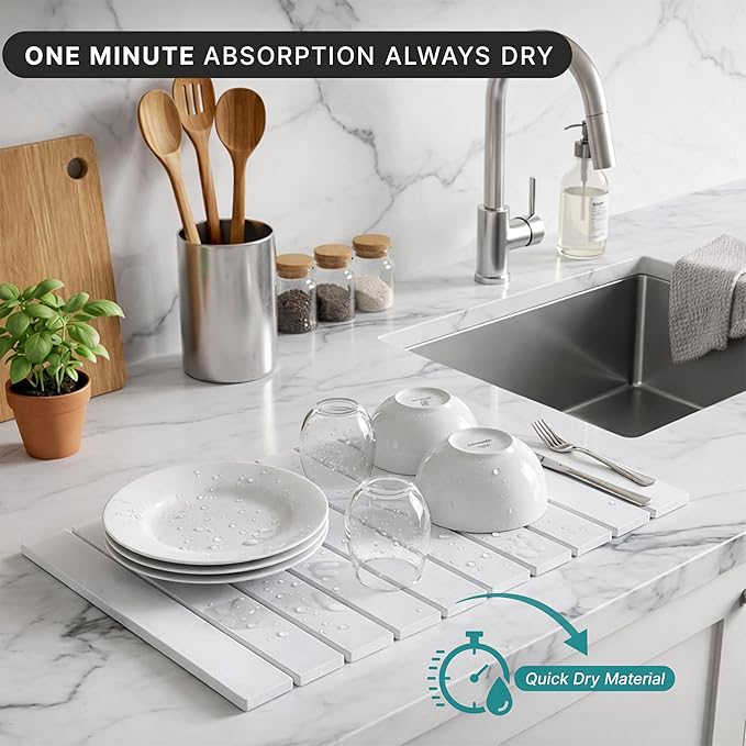 Stone Dish Drying Mat for Kitchen Counter, Easy to Clean Fast Absorbing Collapsible Quick Dry & 24” 16”
