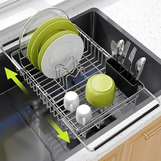 Expandable Stainless Steel Dish Drying Rack Over The Sink For Small Kitchen, Counter Space Saving Compact Metal Plate Drainer Strainer, Adjustable Hanging Inside Sink Rust Proof Wire Dryer Holder by JASIWAY