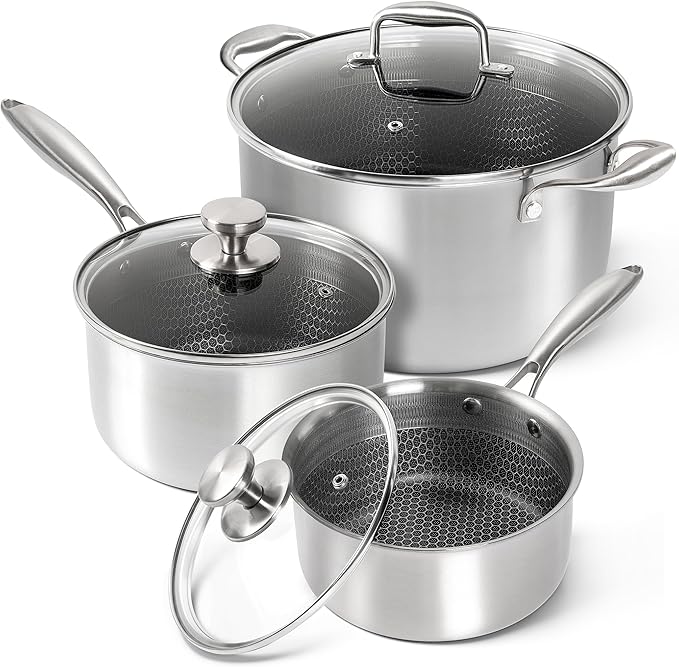 MICHELANGELO 6 Pcs Tri-ply Stainless Steel Pot Set, 2QT & 3QT & 8QT Pot with Lids, Nonstick HoneyComb Interior Cooking Pot Set, Compatible with All Cooktops, Oven & Dishwasher Safe by Michelangelo