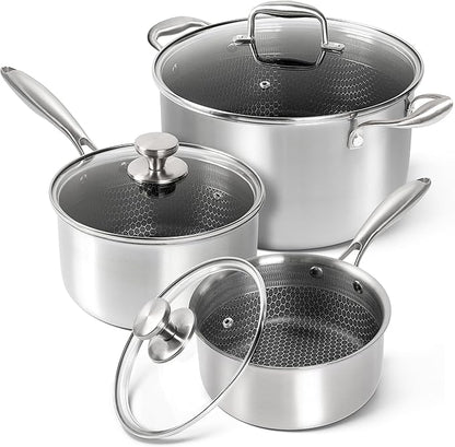 MICHELANGELO 6 Pcs Tri-ply Stainless Steel Pot Set, 2QT & 3QT & 8QT Pot with Lids, Nonstick HoneyComb Interior Cooking Pot Set, Compatible with All Cooktops, Oven & Dishwasher Safe by Michelangelo