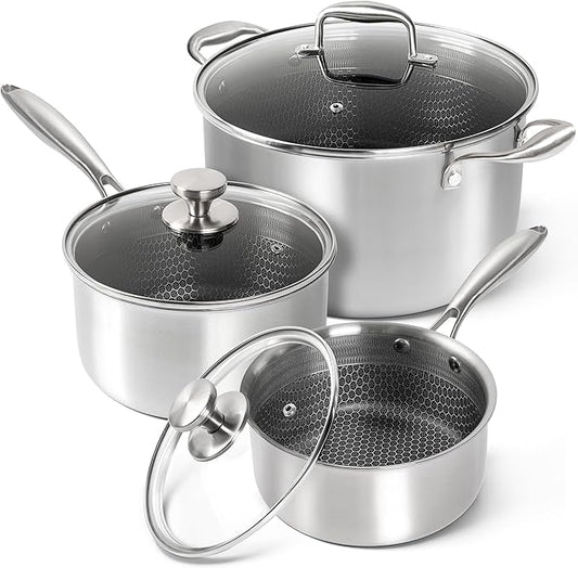 MICHELANGELO 6 Pcs Tri-ply Stainless Steel Pot Set, 2QT & 3QT & 8QT Pot with Lids, Nonstick HoneyComb Interior Cooking Pot Set, Compatible with All Cooktops, Oven & Dishwasher Safe by Michelangelo