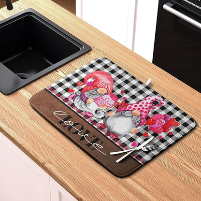 Valentine's Day Dish Drying Mats for Kitchen Counter, Gnome Love Kitchen Drying Mat, Buffalo Plaid Dish Drainer Mat Absorbent Quick Dry Dishes Pad 18 x 24 In - Farmhouse Decor Valentines Gift - Image 6
