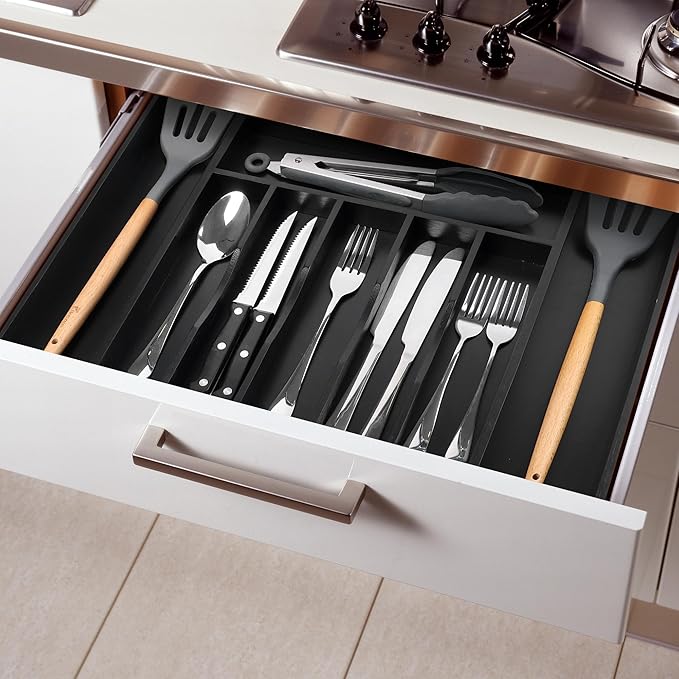 Large Premium Bamboo Silverware Organizer - Expandable Drawer Organizer & Utensil Organizer - 17"x19.7" Cutlery Tray with Dividers for Kitchen Utensils and Flatware (7-9 Slots) (Black) - Image 7