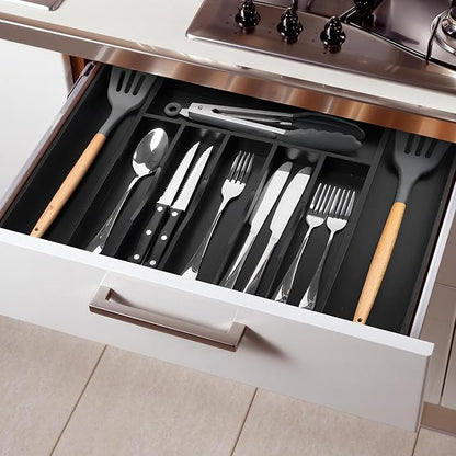 Large Premium Bamboo Silverware Organizer - Expandable Drawer Organizer & Utensil Organizer - 17"x19.7" Cutlery Tray with Dividers for Kitchen Utensils and Flatware (7-9 Slots) (Black) - Image 7