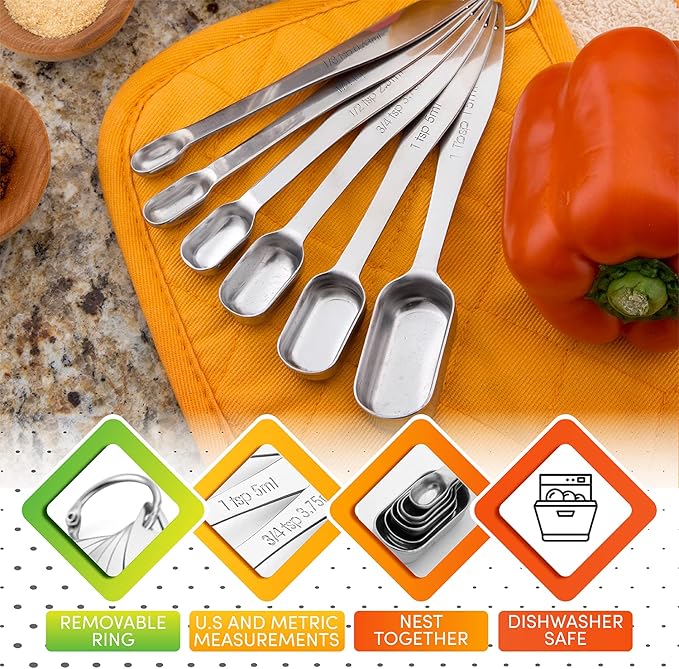 Spring Chef Stainless Steel Measuring Spoons Set of 7 with Leveler, Rectangular Metal Teaspoon & Tablespoon Measuring Spoons for Dry & Liquid Ingredients - Nesting Kitchen Gadgets For Baking & Cooking - Image 6