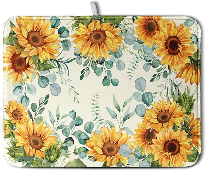 Sunflowers Dish Drying Mat for Kitchen Counter Yellow Flower Green Leaves Dish Draining Mats Spring Summer Floral Dishes Pad Microfiber Absorbent Dish Drainer Rack Mat Extra Large 18x24 Inch by Kwlegh