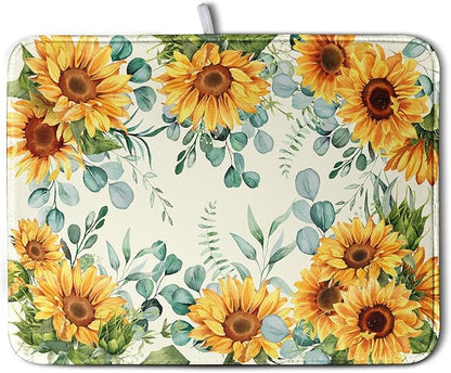Sunflowers Dish Drying Mat for Kitchen Counter Yellow Flower Green Leaves Dish Draining Mats Spring Summer Floral Dishes Pad Microfiber Absorbent Dish Drainer Rack Mat Extra Large 18x24 Inch by Kwlegh