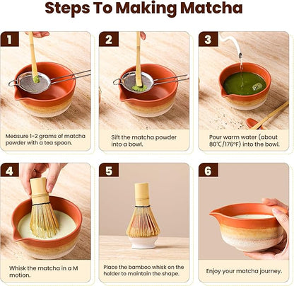 Matcha Whisk Set, Ceramic Matcha Kit Desert Style, Matcha Whisk and Bowl, Bamboo Scoop and Rest, Sifter and Tea Towel, 7 Pcs Gifts for Matcha Lover - Matte Soil