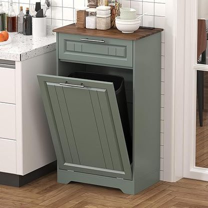 Single 10 Gallon Tilt Out Trash Can Cabinet with Deodorizing Function, Wooden Hidden Garbage Can Holder with Storage Drawers for Kitchen and Dining Room, Laundry Hamper Cabinet for Bathroom, Green