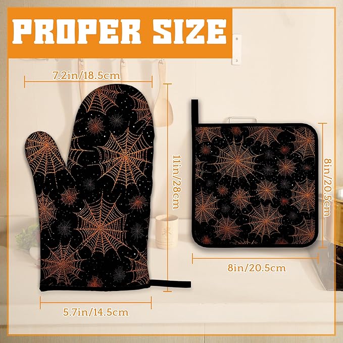 Halloween Oven Mitts and Pot Holders Set,Spider Web Kitchen Decor Heat Resistant Non Slip Hot Pads and Oven Mitt for Chef Cooking Baking BBQ Mom Girl Gifts(4 Piece Set)