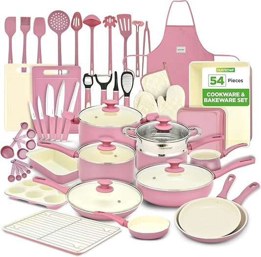 NutriChef 54-Piece Kitchen Cookware Set – Complete Non-Stick Ceramic Pots and Pans Set with Utensils, Bakeware, and Knife Set, Gas, Electric & Induction Compatible, Blush Pink Kitchen Essentials by NutriChef%E2%84%A2Kitchen