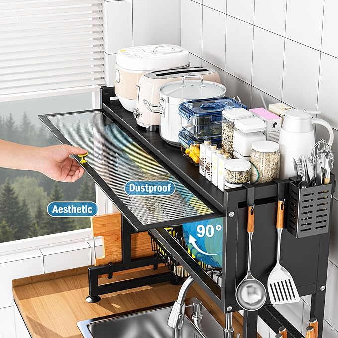 SNSLXH  2-Tier Over The Sink Dish Drying Rack, 33.66"×31.1"×11.81", Large Sink Rack for Kitchen, Saving Kitchen Space, Cover Design Holds Dishes, Bowls, and Cutlery, Kitchen Sink Shelf - Image 2