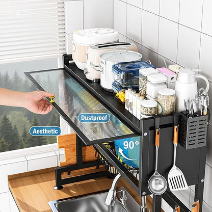 SNSLXH  2-Tier Over The Sink Dish Drying Rack, 33.66"×31.1"×11.81", Large Sink Rack for Kitchen, Saving Kitchen Space, Cover Design Holds Dishes, Bowls, and Cutlery, Kitchen Sink Shelf - Image 2