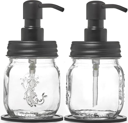 Mason Jar Soap and/or Lotion Dispenser with Gloss Black Dispenser Pump for Hand Sanitizer. Comes with Non Slip Coaster. Use with Liquid Soap or Hand/Body Lotion (Gloss Black, 2pk 12oz)